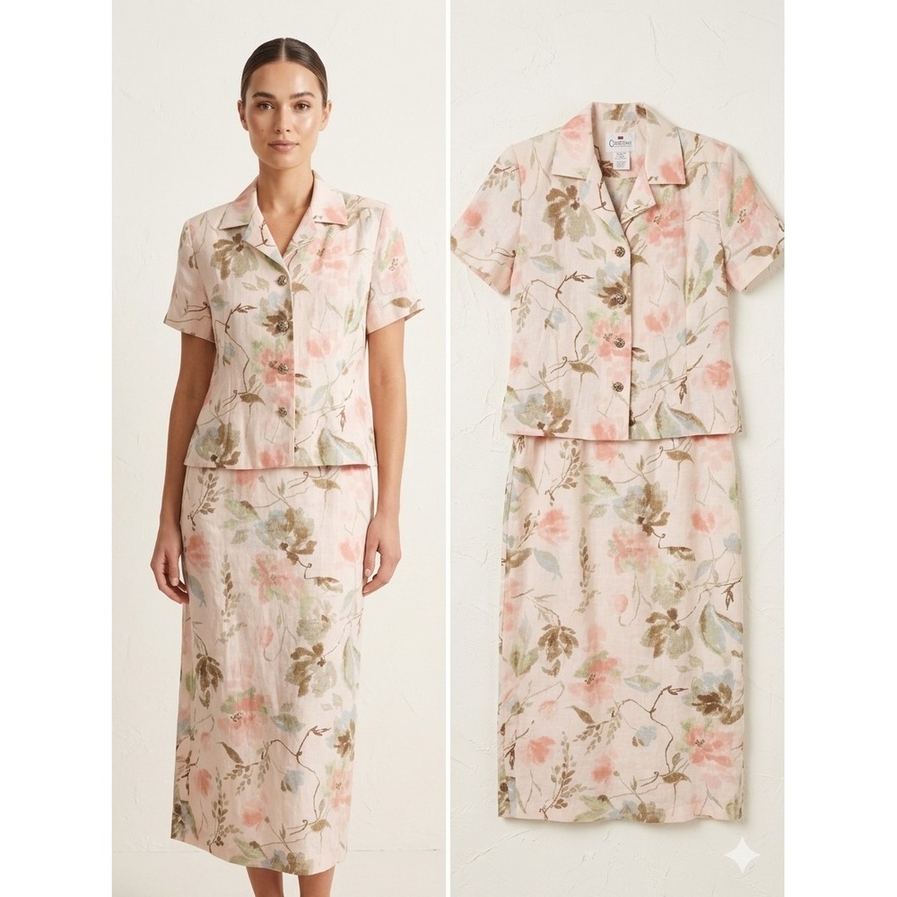 Vintage 100% Linen Floral Maxi Dress Set Sz 8 Coastal Grandmother Quiet Luxury